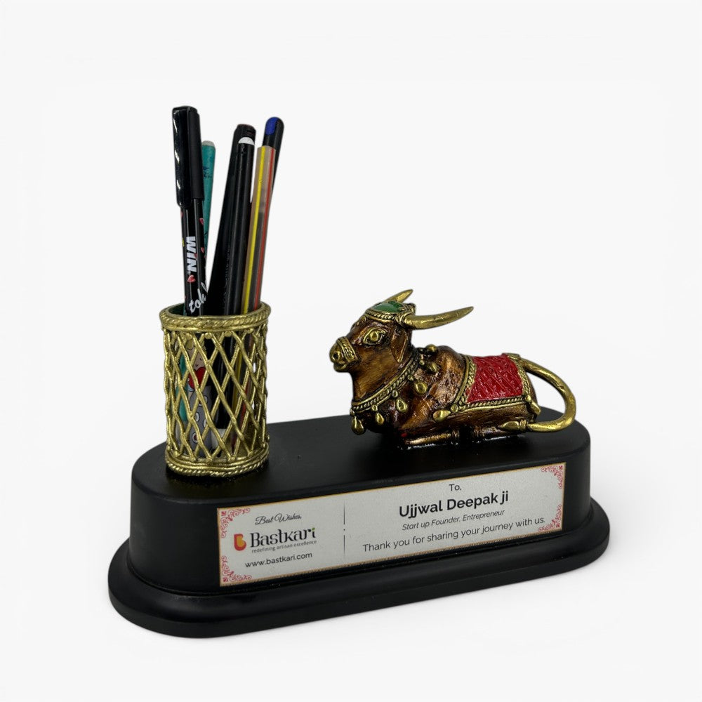 Handcrafted brass Nandi pen holder desk organizer personalized corporate gift with engraved name plate