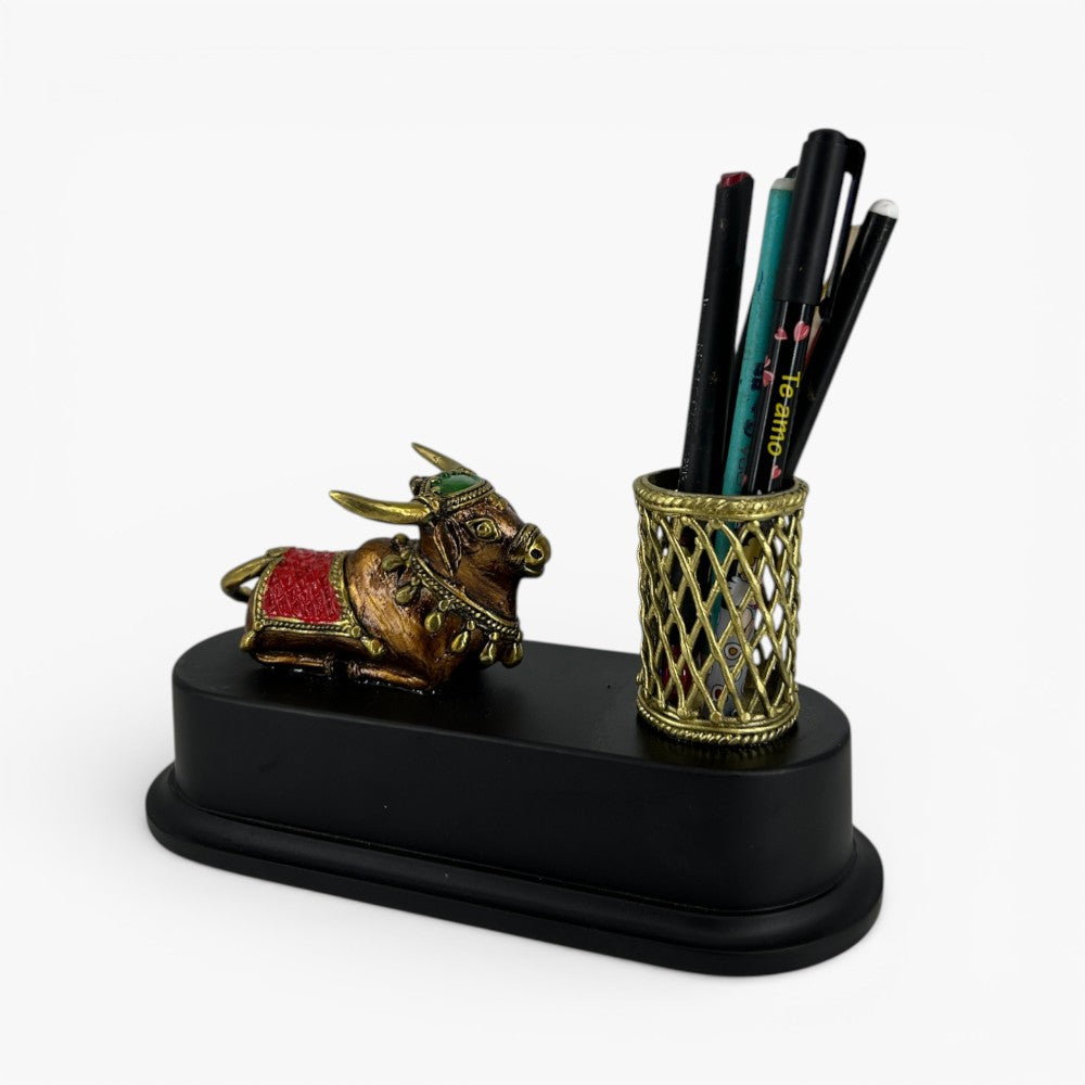 Decorative brass Nandi pen holder desk organizer with lattice metal pen stand and wooden base