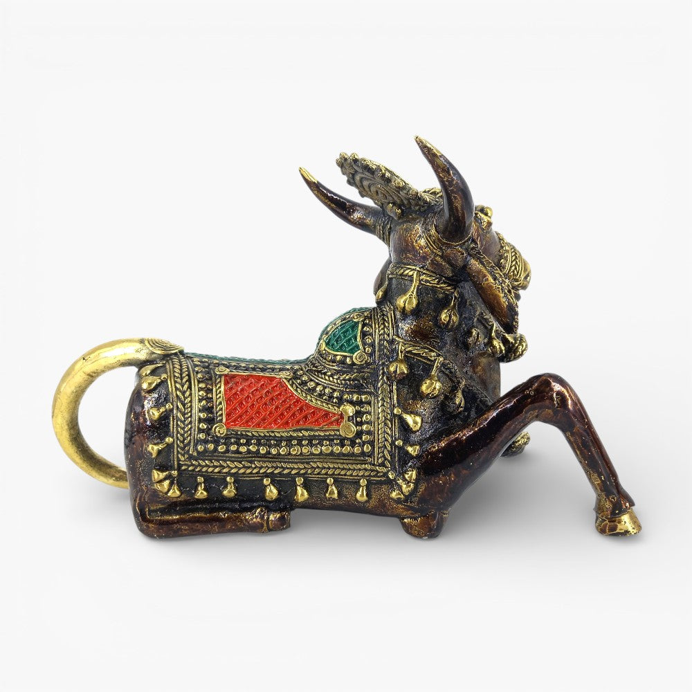 Rear angle of handcrafted brass Nandi decor figurine