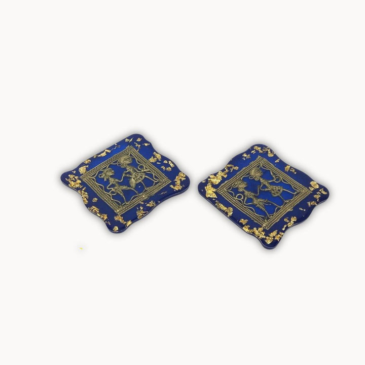Brass and resin square blue translucent coaster set of 2