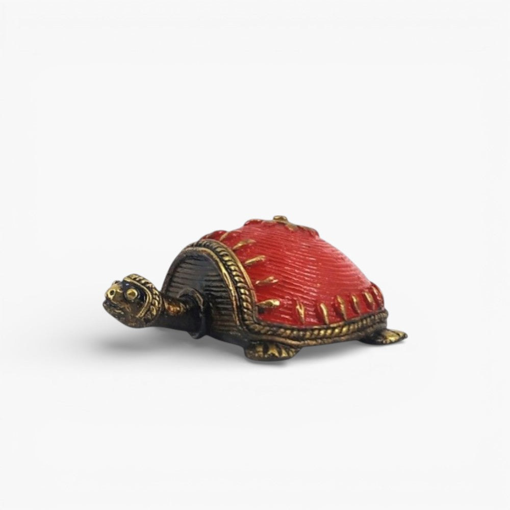 Brass red tortoise showpiece in Bastar Dokra art top view