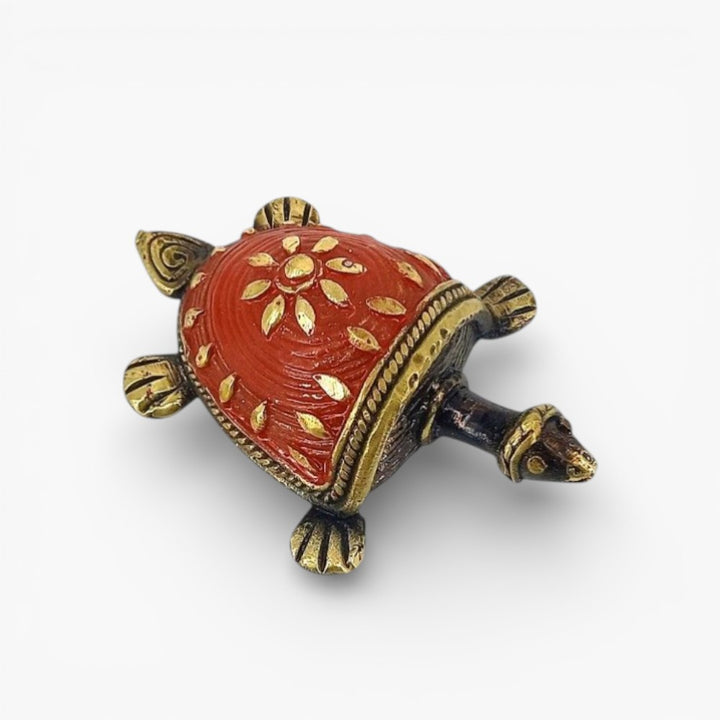 Brass red tortoise showpiece in Bastar Dokra art top viewa