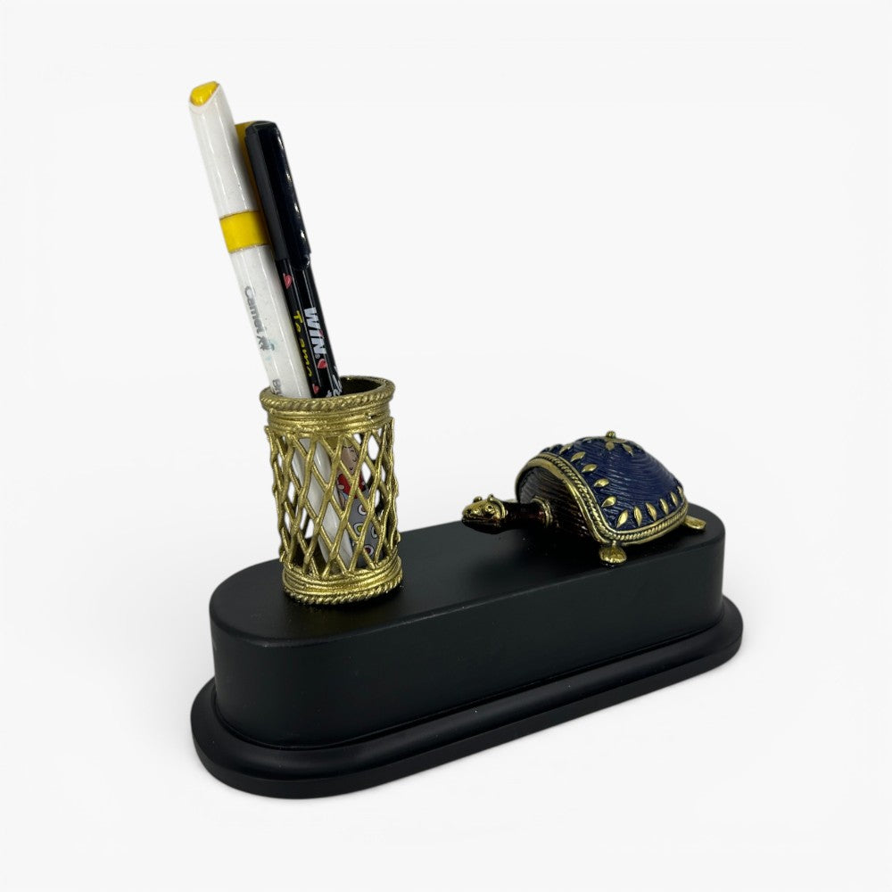 Decorative brass turtle pen holder desk organizer with blue shell and lattice pen stand office desk accessory
