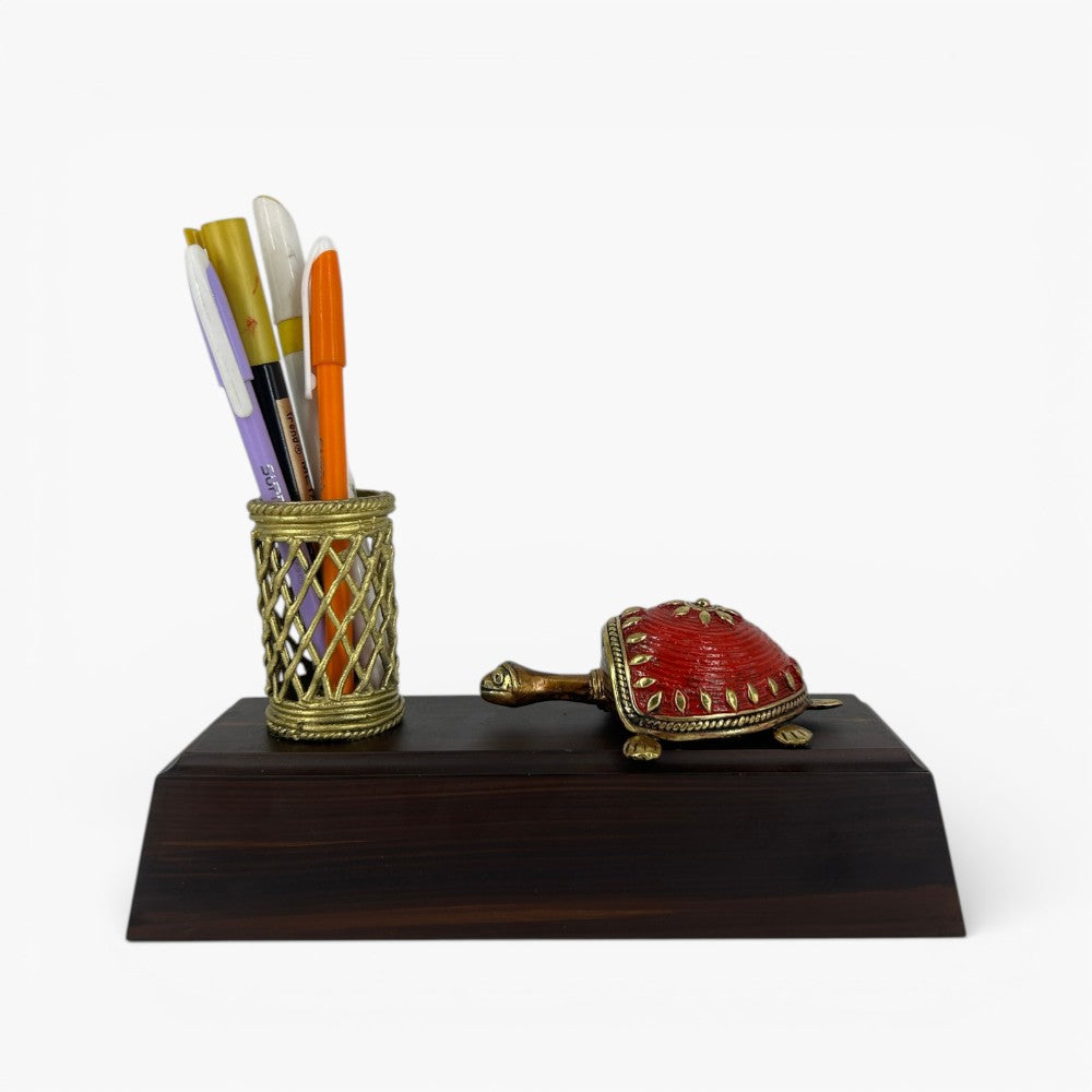 Decorative brass turtle pen holder desk organizer with lattice metal pen stand and wooden base office desk accessory