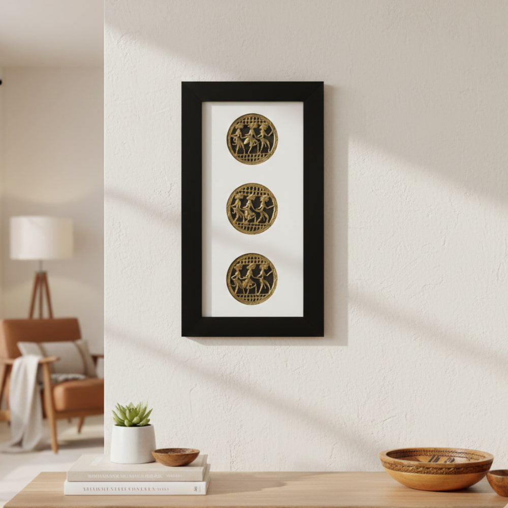 Circles of Celebration Bastar Dokra art brass wall frame with three handcrafted metal motifs, elegant Indian wall decor, 18 inch