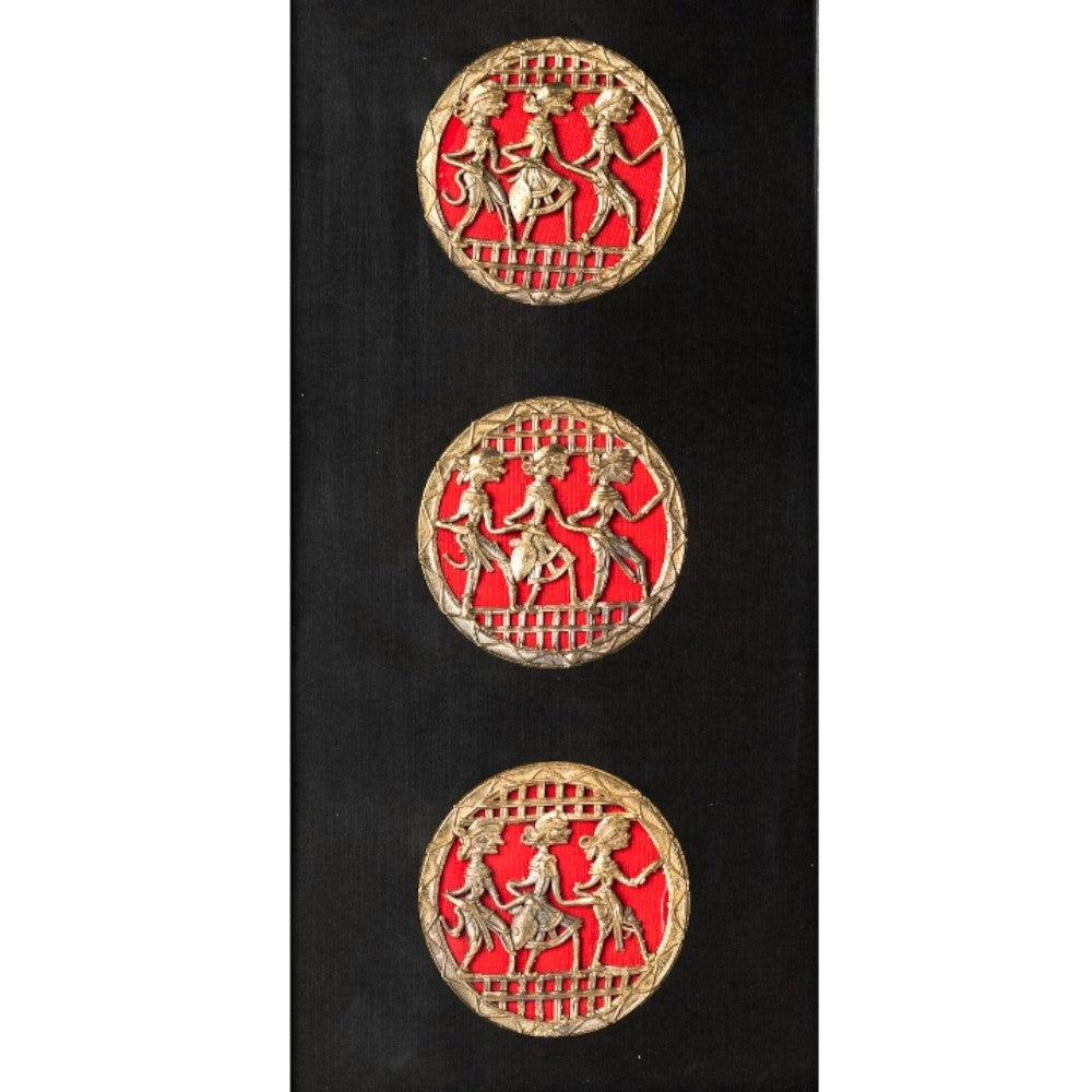Full front view of Circles of Celebration brass wall frame in Bastar Dokra art with three red circular motifs, 18 inch black finish