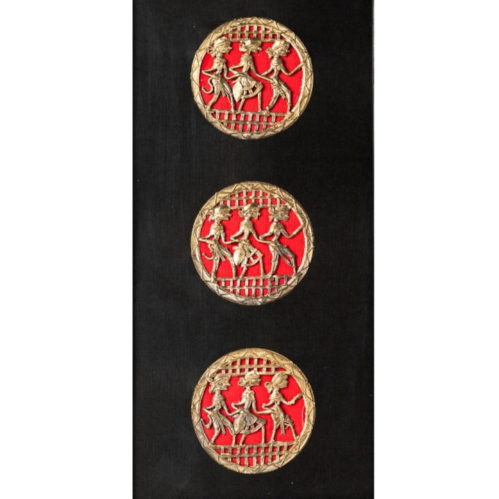 Full front view of Circles of Celebration brass wall frame in Bastar Dokra art with three red circular motifs, 18 inch black finish