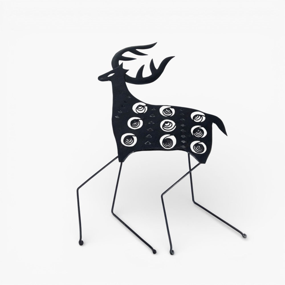 Designer abstract deer wall hanging in black iron, Bastar Dokra art inspired metal wall decor with handcrafted spiral detaili