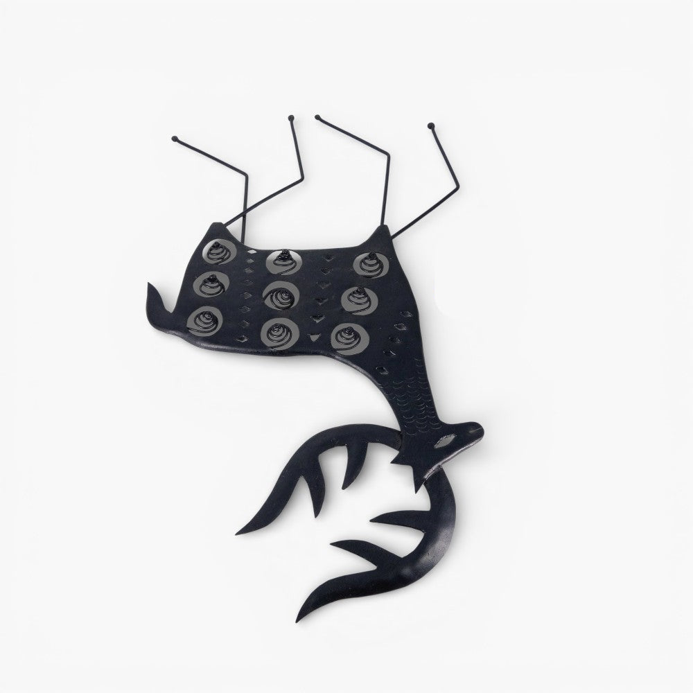 Designer abstract deer wall hanging in black iron, Bastar Dokra art inspired metal wall decor with handcrafted spiral detaili