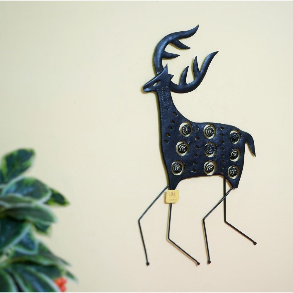 Black iron abstract deer wall hanging front view with spiral detailing