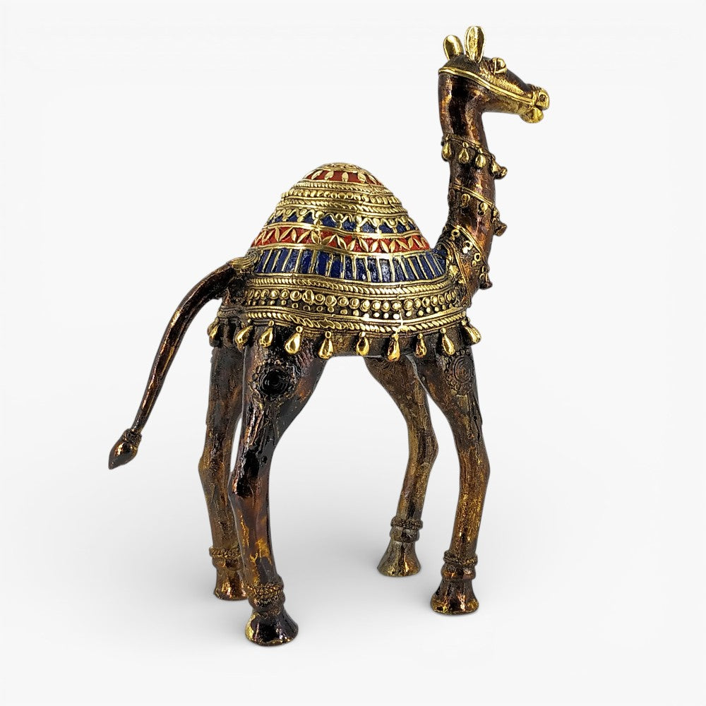 Rear angle of handcrafted brass camel decor statue