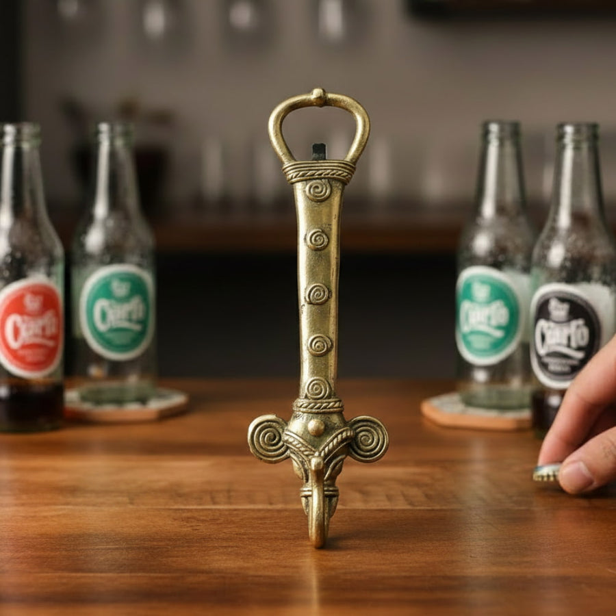 Dhokra art brass elephant design bottle opener in golden finish, handcrafted metal bar accessory for opening bottles, 6 inch