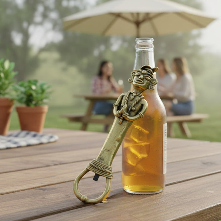 Dhokra art brass human figure bottle opener in golden finish, handcrafted metal bar accessory for opening bottles, 6 inch