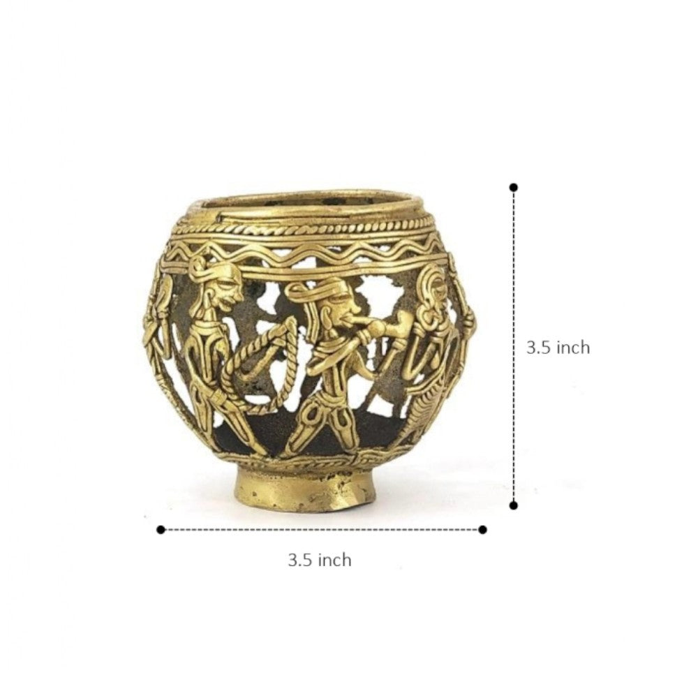 Dhokra art brass pen holder with size reference showing 3.5 inch handcrafted desk accessory