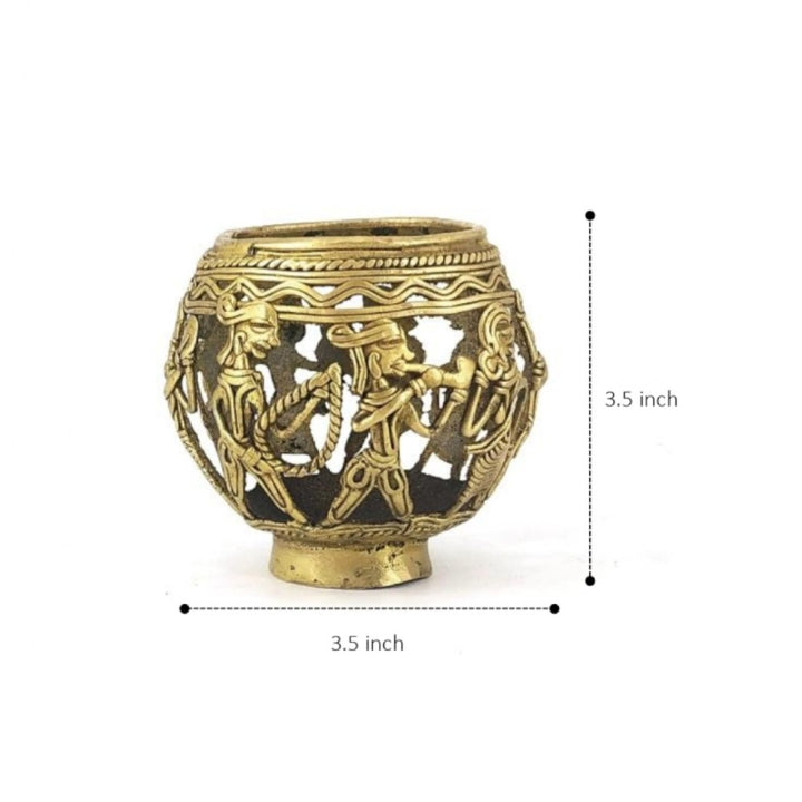 Dhokra art brass pen holder with size reference showing 3.5 inch handcrafted desk accessory
