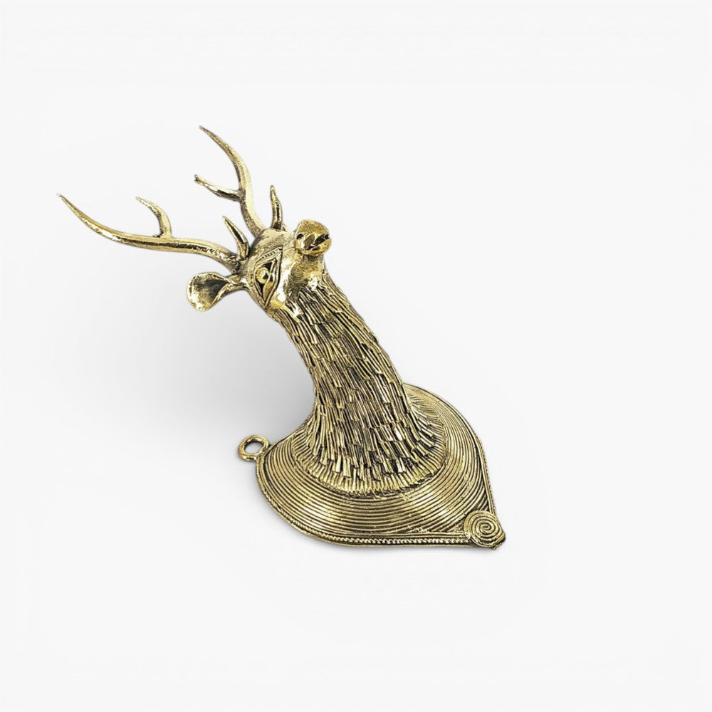 Handcrafted Bastar Dokra art brass textured deer head wall art golden finish traditional metal wall decor