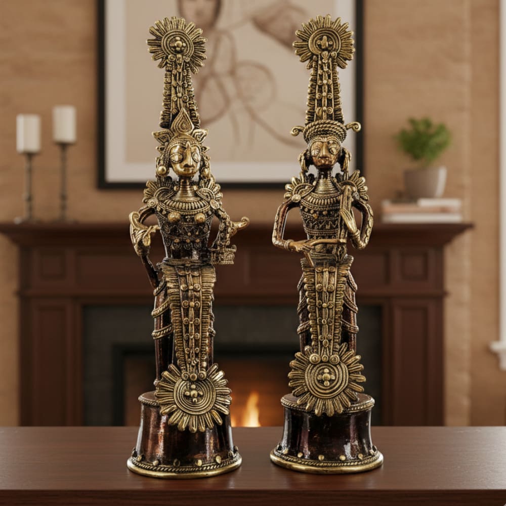 Dhokra art handmade Jhitku Mitki brass statue in bronze color with intricate handcrafted detailing, traditional Indian metal decor sculpture, 11 inch