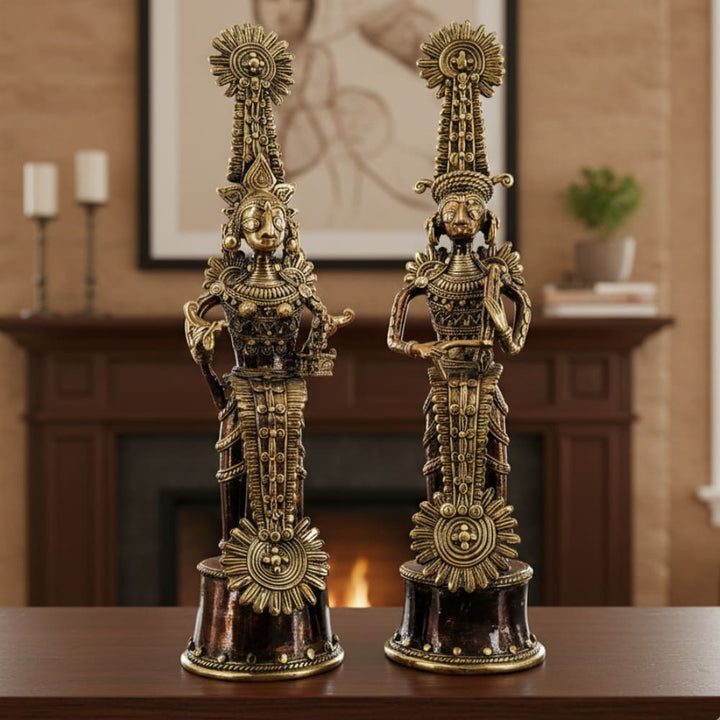 Dhokra art handmade Jhitku Mitki brass statue in bronze color with intricate handcrafted detailing, traditional Indian metal decor sculpture, 11 inch