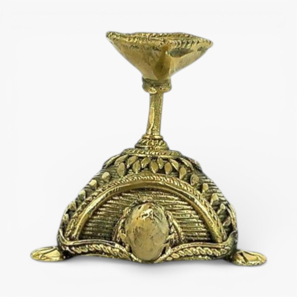 Back view of handcrafted Dhokra bell metal tortoise diya showing traditional metal casting finish