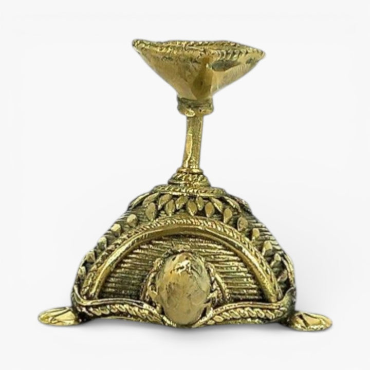 Back view of handcrafted Dhokra bell metal tortoise diya showing traditional metal casting finish