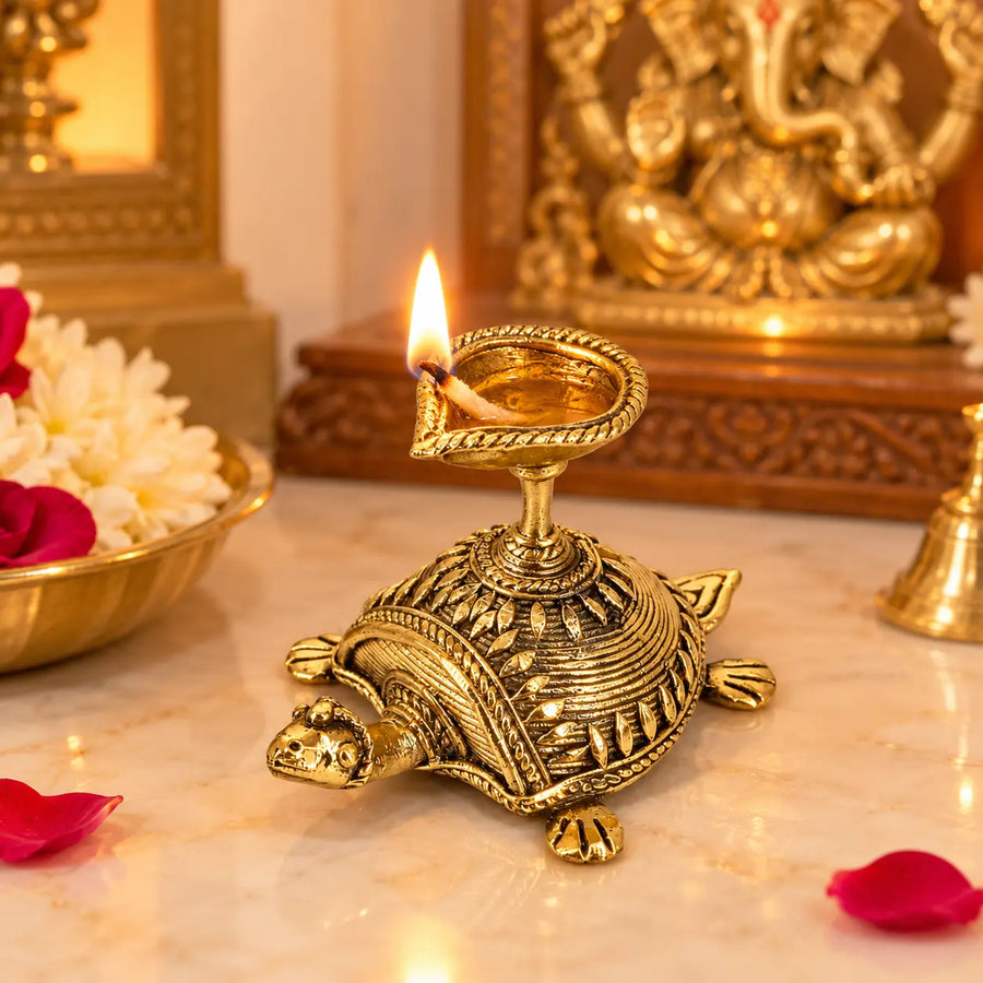 Dhokra art Bell Metal Tortoise Diya from Bastar Art of Chhattisgarh (Golden, 3.5 inch)