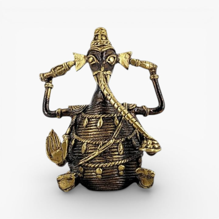 Handcrafted Dhokra brass Ganesha idol in bronze finish, front view showing intricate bell metal detailing for home pooja decor