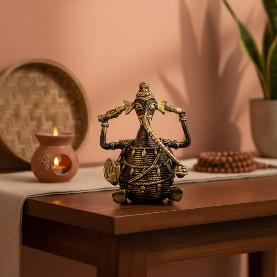 Dhokra brass Ganesha idol in bronze color with handcrafted detailing, traditional Indian metal deity sculpture for home decor, 4 inch