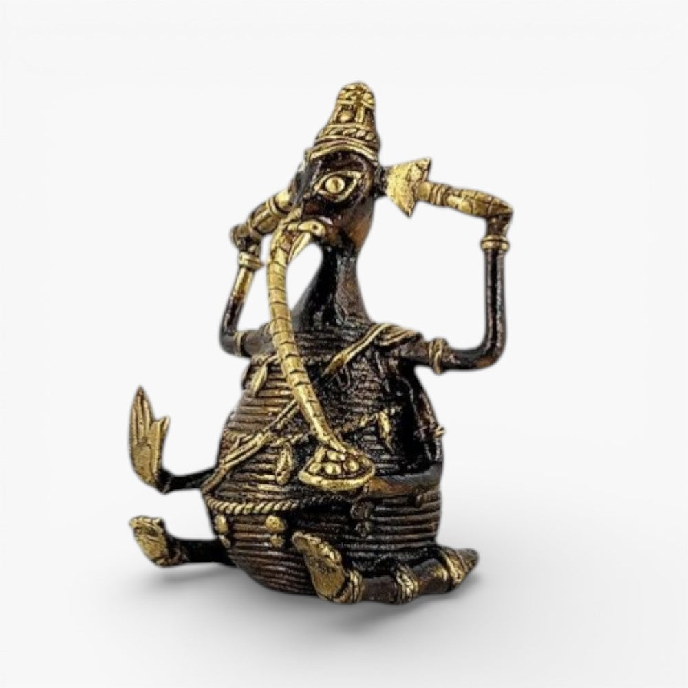 Handmade Dhokra brass Ganesha idol captured in three quarter side angle showcasing textured bell metal surface and artisan details