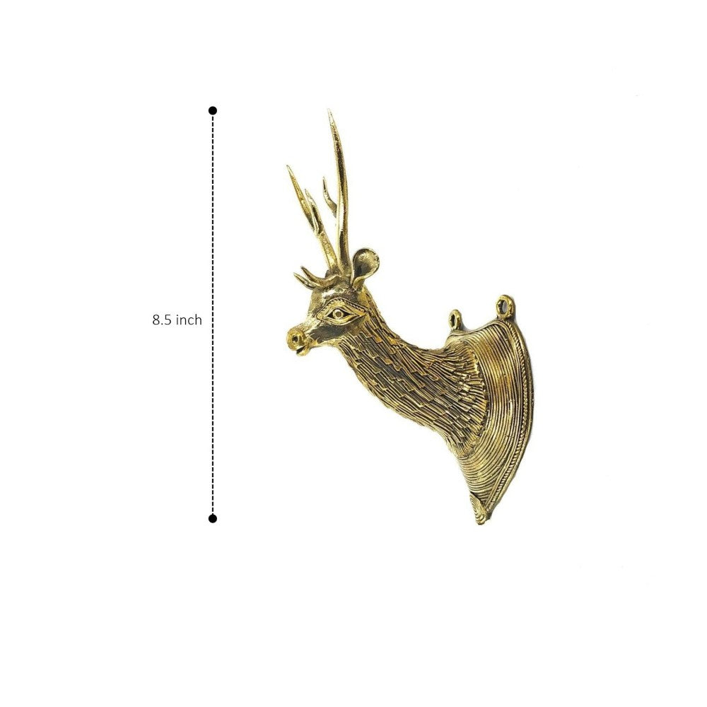 Bastar Dokra art brass deer head wall decor captured in side elevation emphasizing height and elegant horn structure