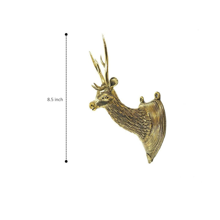 Bastar Dokra art brass deer head wall decor captured in side elevation emphasizing height and elegant horn structure