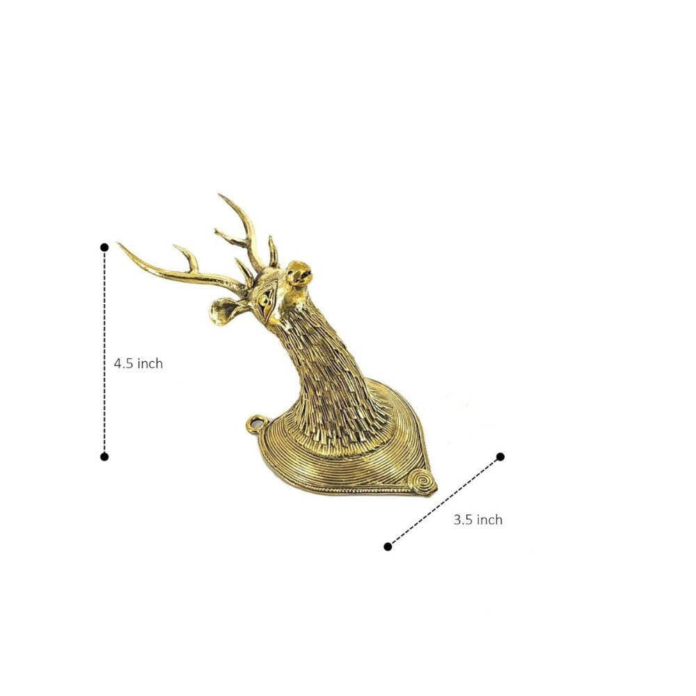 Handmade brass Bastar Dokra deer head wall hanging shown from a top angle with detailed proportions and sculpted form