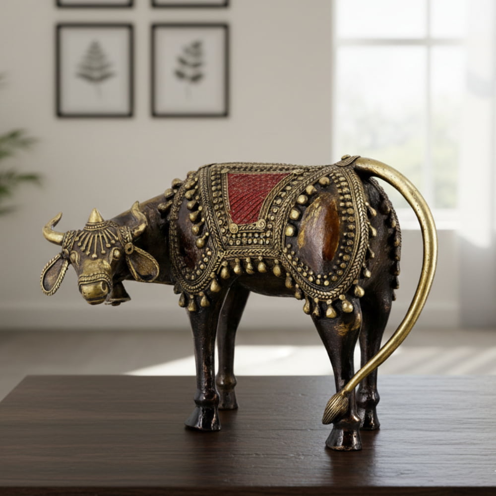 Dhokra handicraft brass cow statue with multicolor handcrafted detailing, traditional Indian metal animal figurine for home decor, 8.5 x 6.5 inch