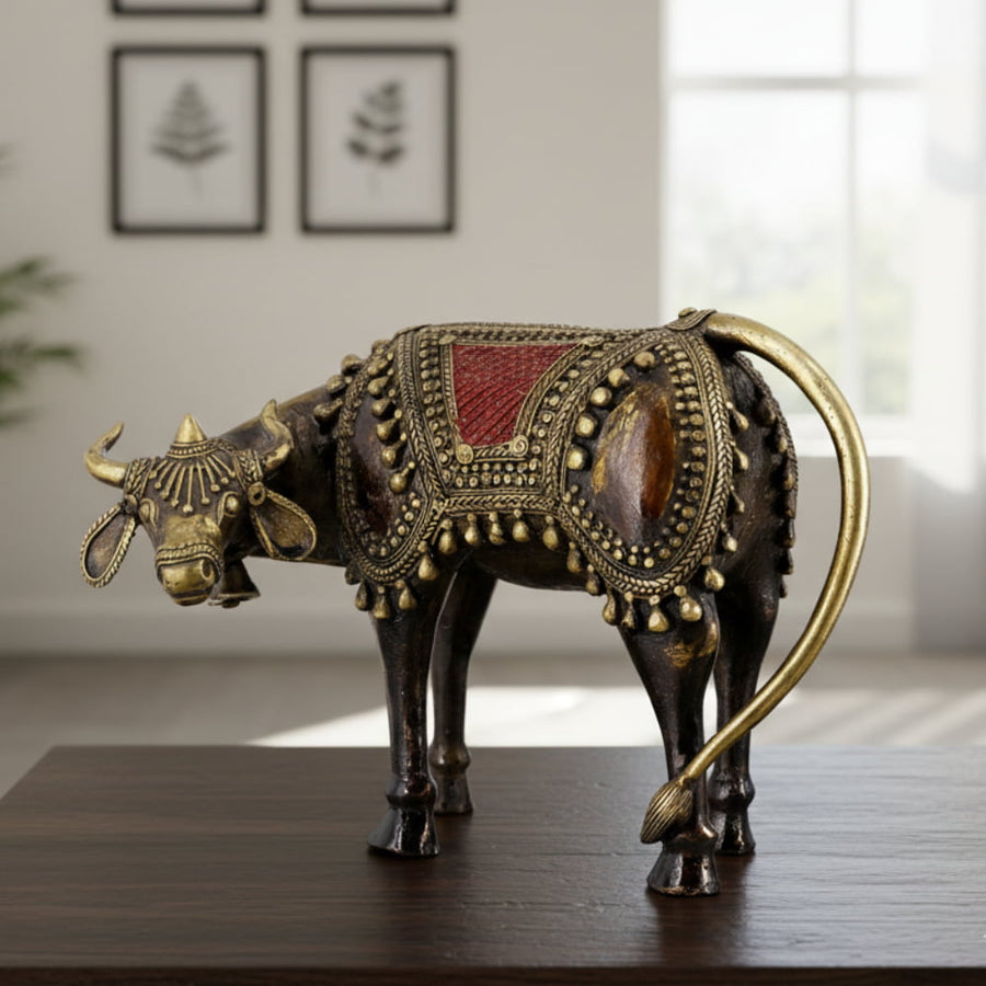 Dhokra handicraft brass cow statue with multicolor handcrafted detailing, traditional Indian metal animal figurine for home decor, 8.5 x 6.5 inch