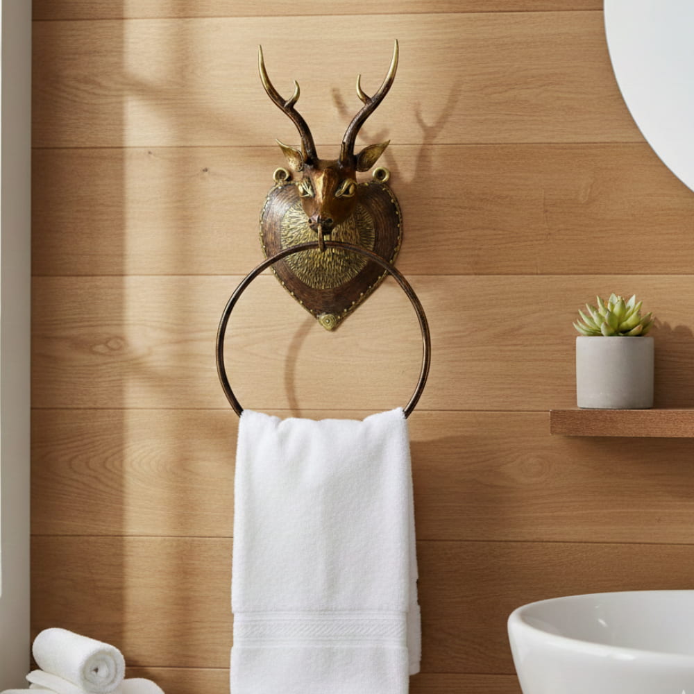 Dokra art brass deer towel ring holder in bronze finish, handcrafted bathroom wall accent with circular towel ring, 8.5 inch