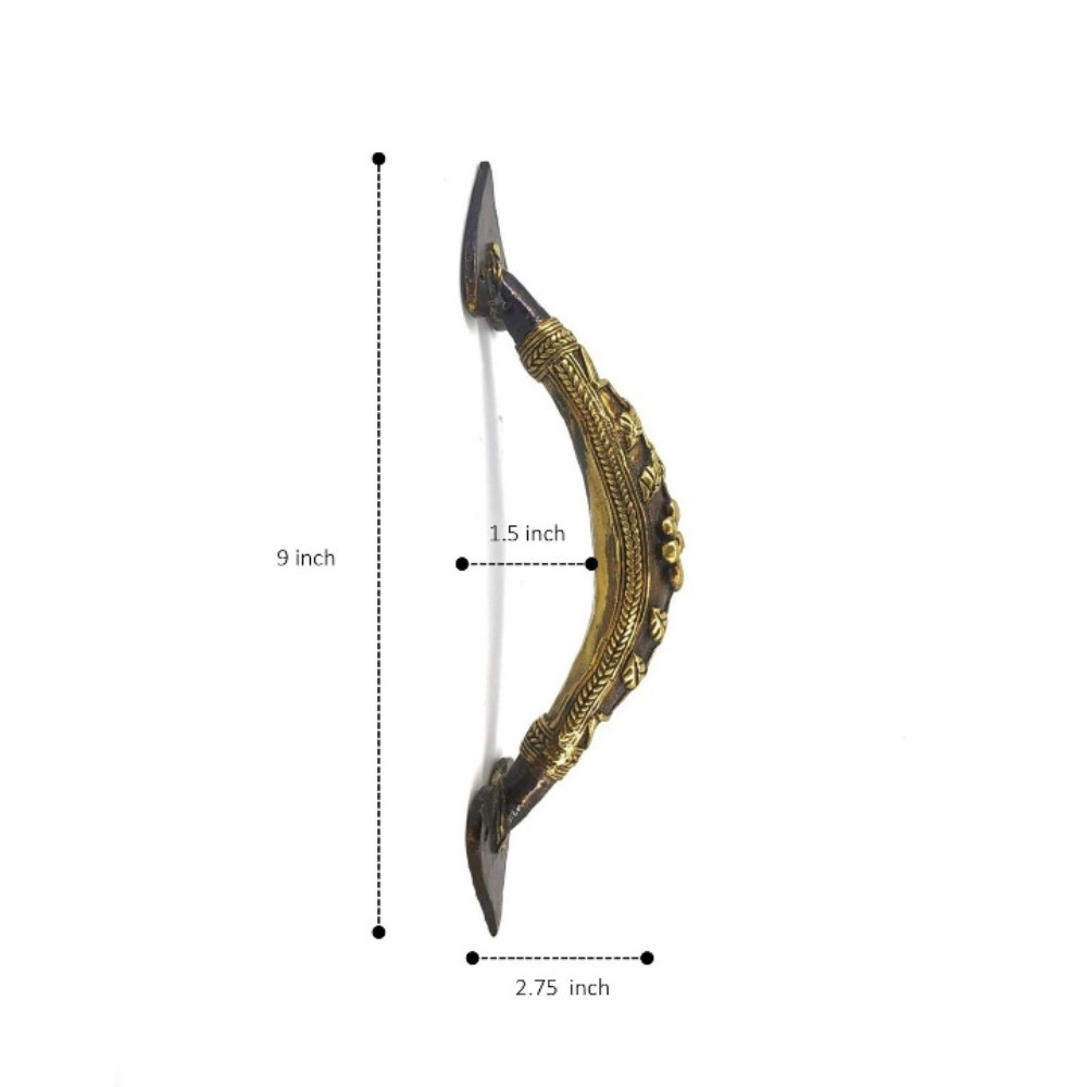 Dhokra art bell metal door handle with size reference showing 9 inch length and sturdy handcrafted build