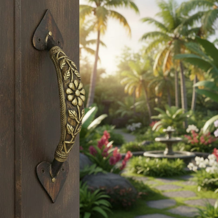 Flower and leaf design door handle made of bell metal in bronze color, decorative handcrafted metal door handle, 9 inch
