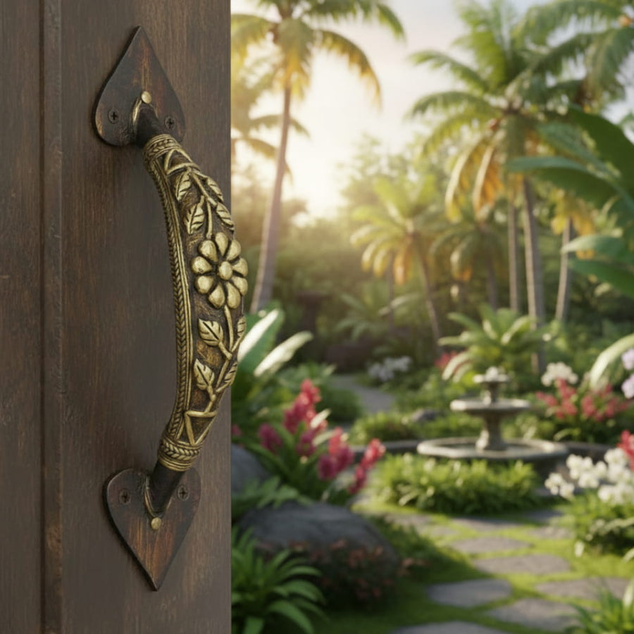 Flower and leaf design door handle made of bell metal in bronze color, decorative handcrafted metal door handle, 9 inch