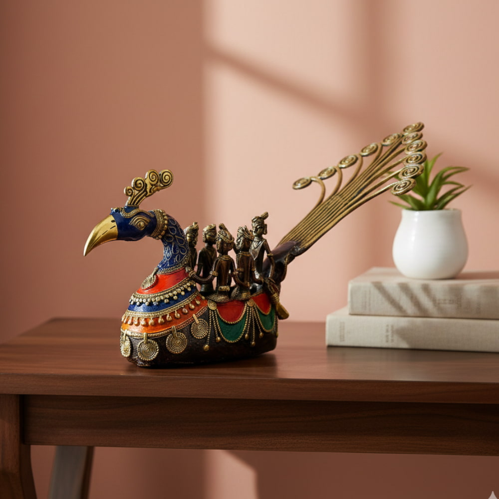 Graceful brass Dhokra peacock boat with multicolor handcrafted detailing, decorative Indian metal boat showpiece for home decor, 11 inch