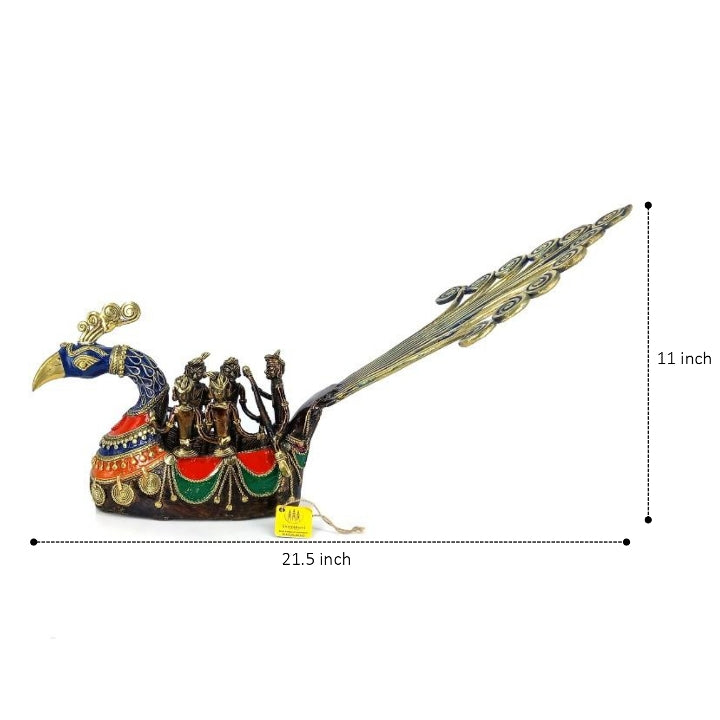 Bastar Dhokra art brass peacock boat statue with size reference showing 21.5 inch length and 11 inch height for decor display