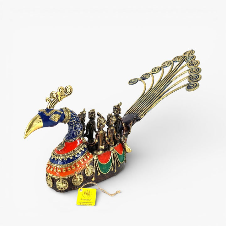 Handmade Bastar Dhokra art brass peacock boat statue in multicolor finish showing fishermen figures and ornate peacock detailing