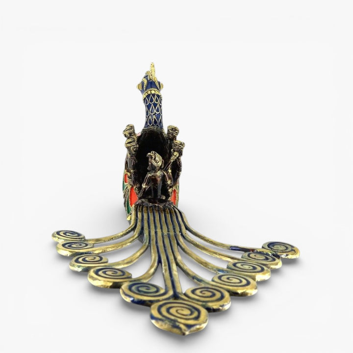 Rear top view of Bastar Dhokra art brass peacock boat statue highlighting spiral tail design and artisan metal craftsmanship