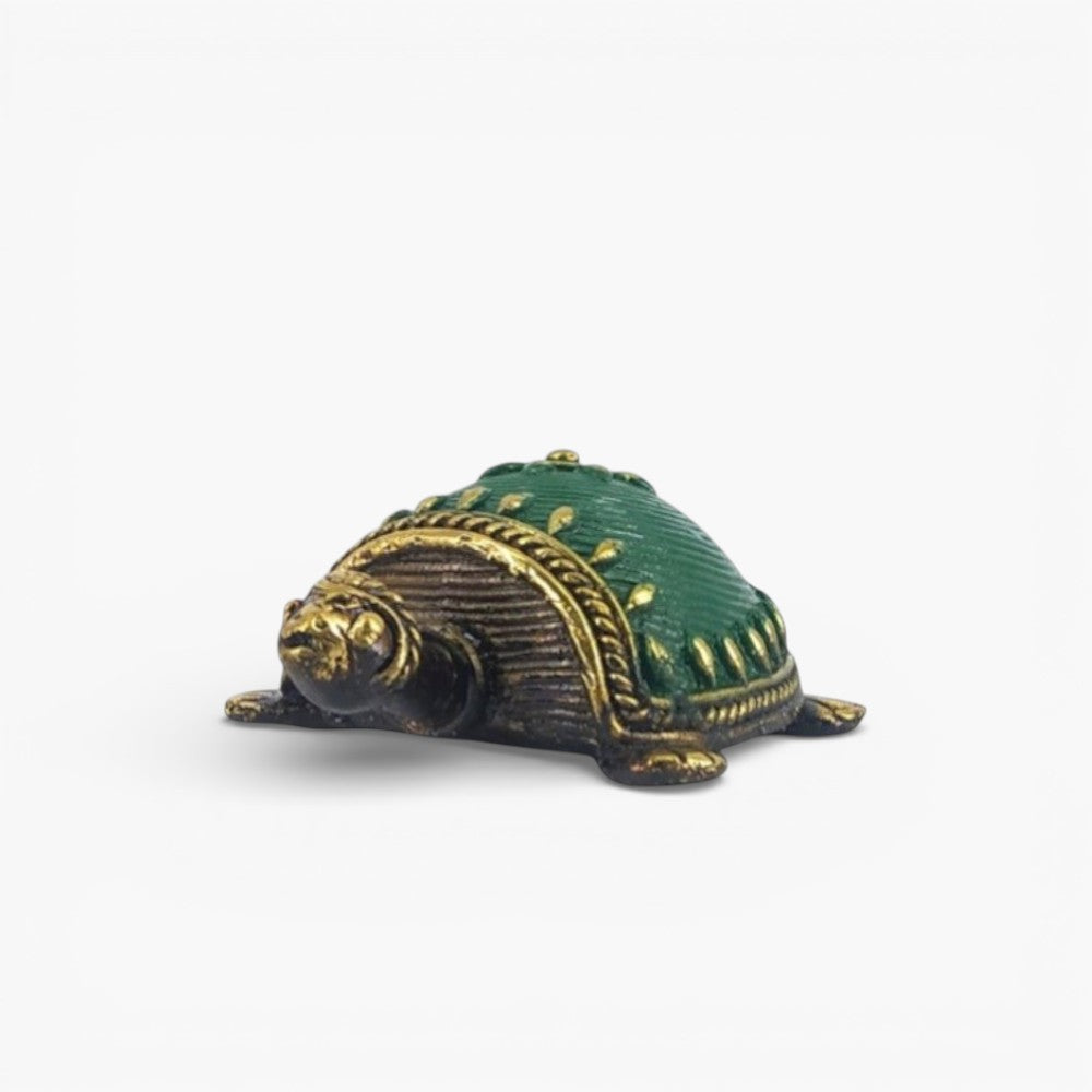 Green bell metal turtle décor handcrafted Dokra art front view