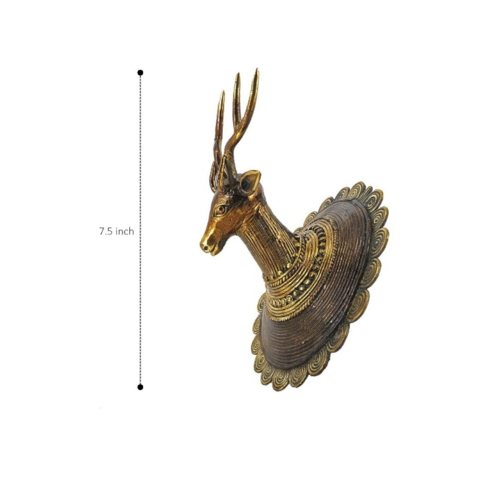 Handcrafted brass deer head wall décor angled view showcasing texture