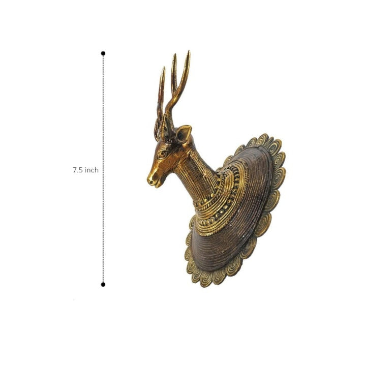 Handcrafted brass deer head wall décor angled view showcasing texture