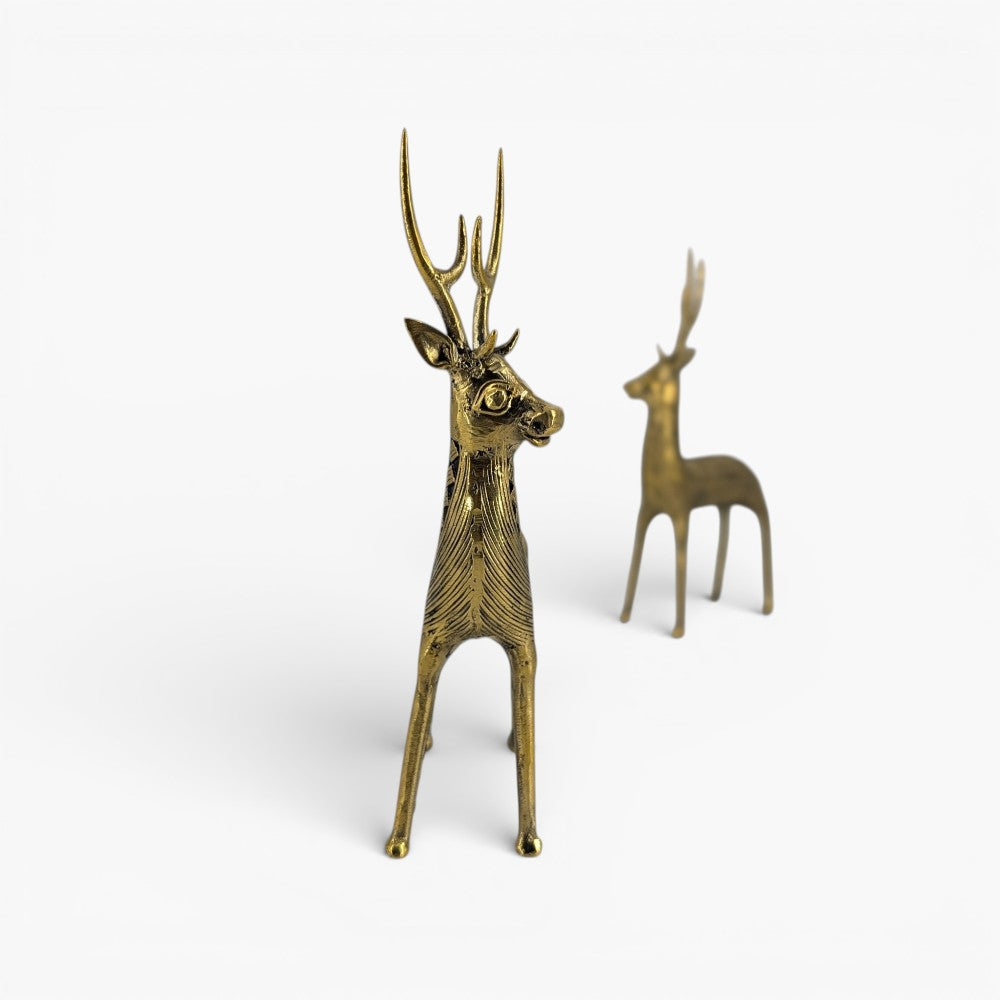 Handcrafted brass deer figurines set of 2 in Bastar Dokra art style decorative metal deer sculpture front view