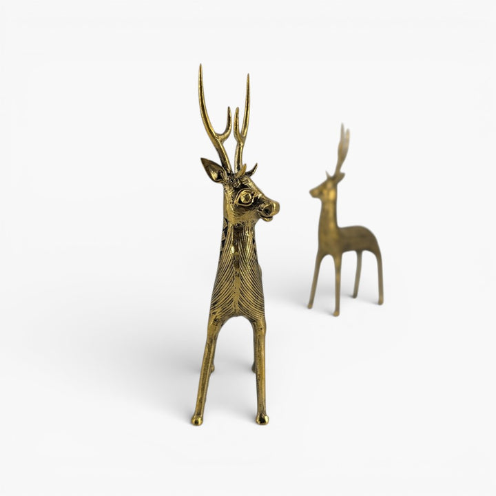 Handcrafted brass deer figurines set of 2 in Bastar Dokra art style decorative metal deer sculpture front view