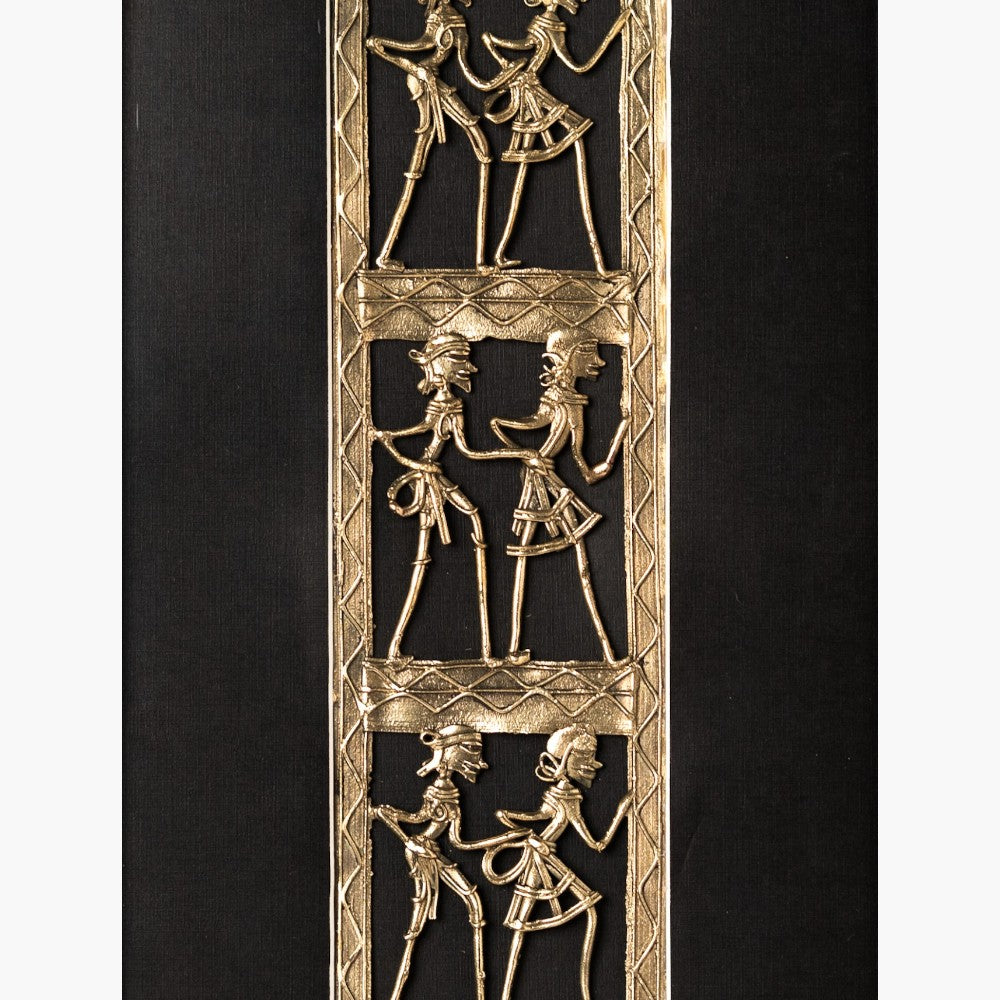 Close view of Bastar Dokra art brass wall hanging frame featuring traditional dancing figures