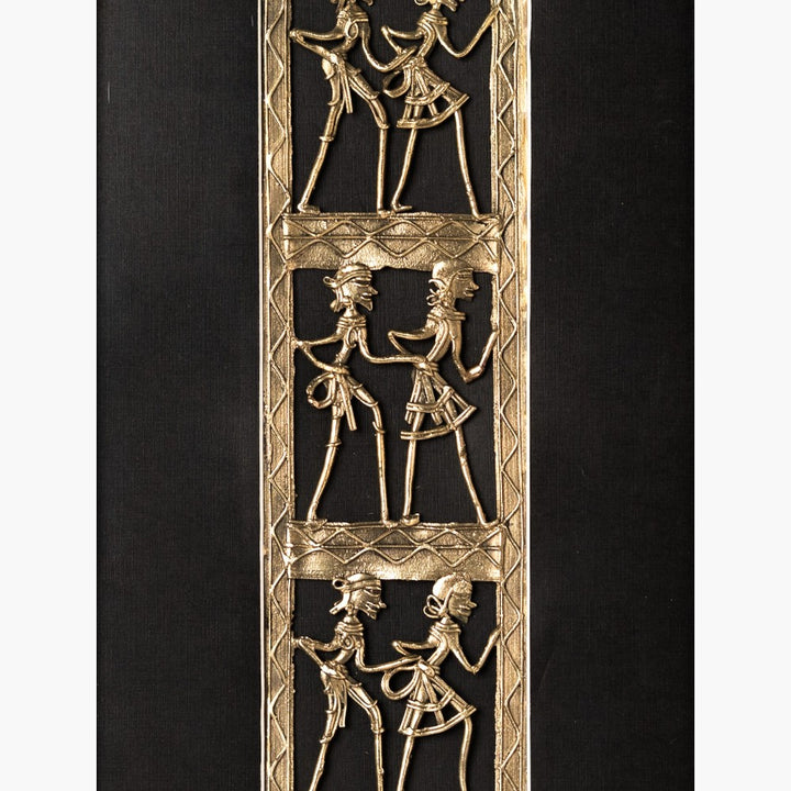 Close view of Bastar Dokra art brass wall hanging frame featuring traditional dancing figures