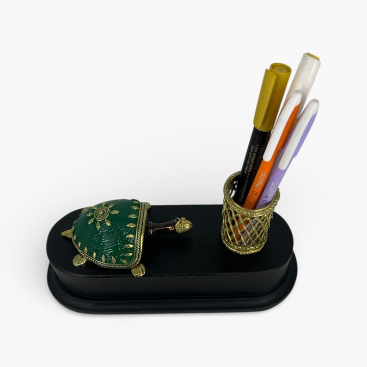 Handcrafted brass green turtle pen holder desk organizer with green shell and lattice pen stand on wooden base