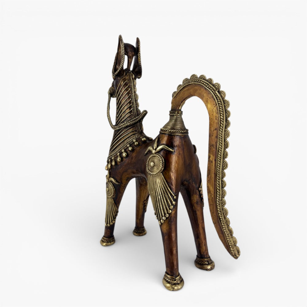 Decorative brass horse statue with intricate Dokra metal detailing
